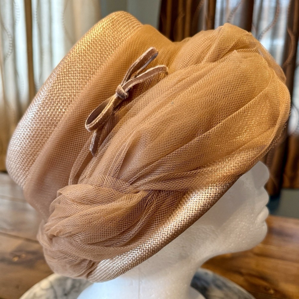 VTG 1950s 50s MCM Women Tan Brown Twist Tulle Raffia Bucket Hat ILGWU Union Made